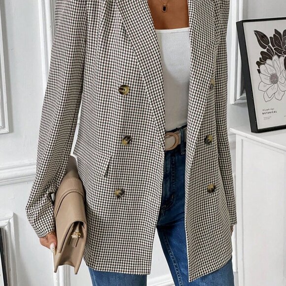 Coffee Brown Casual Women's Turndown Collar Long Sleeve & Versatile Plaid Blazer - Picture 4 of 6